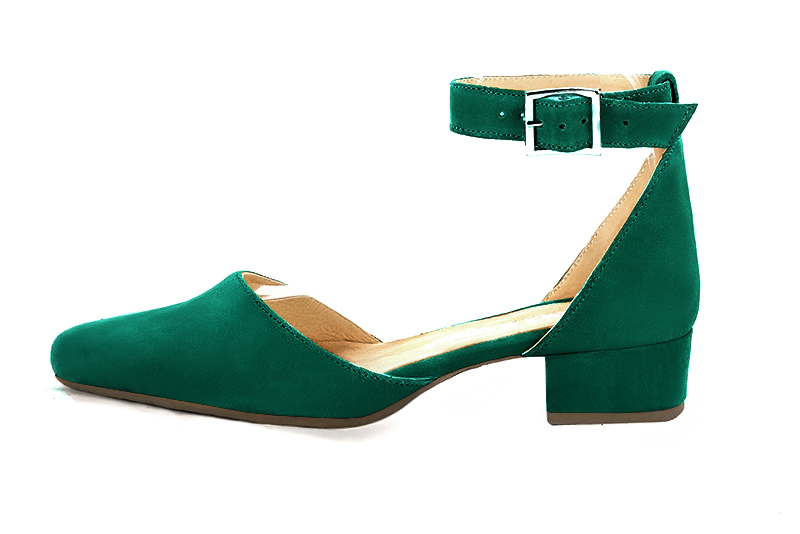 Emerald green women's open side shoes, with a strap around the ankle. Round toe. Low block heels. Profile view - Florence KOOIJMAN